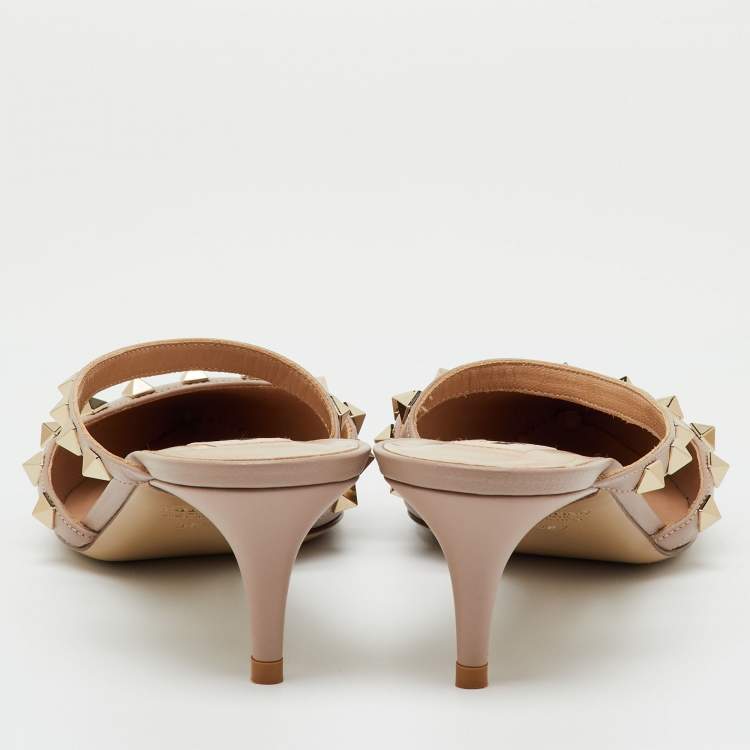 Pre Owned Valentino Beige Leather Rockstud Heel Mules Size 39.5