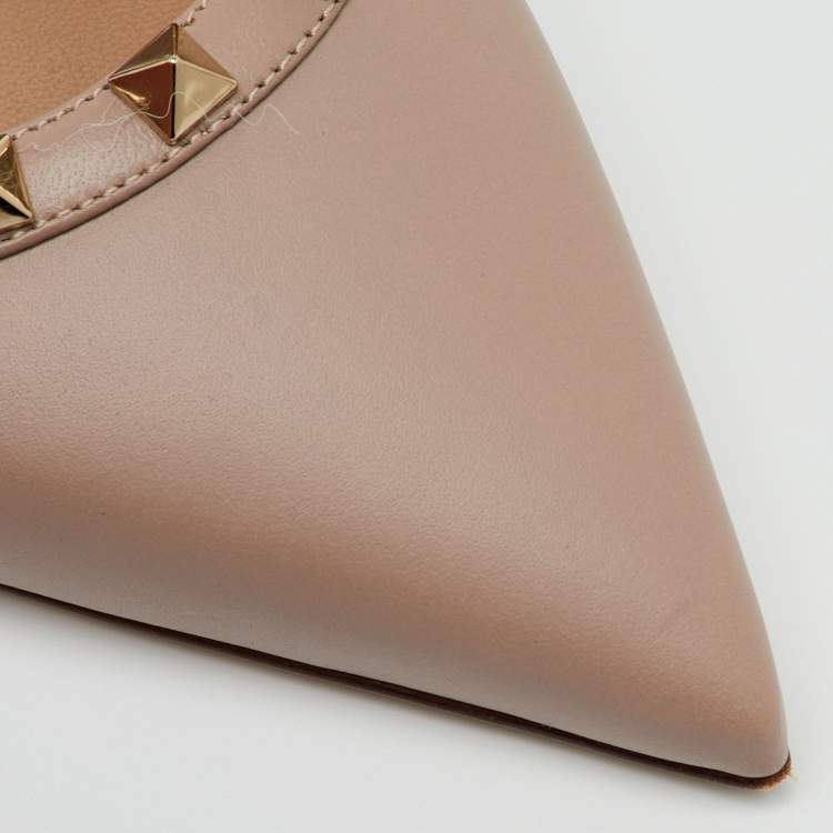 Pre Owned Valentino Beige Leather Rockstud Heel Mules Size 39.5