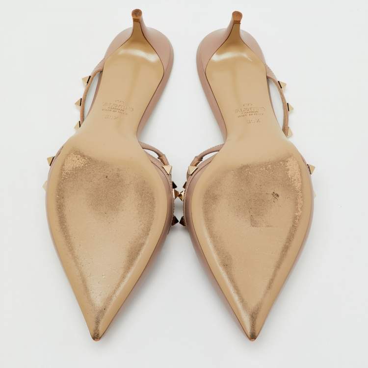 Pre Owned Valentino Beige Leather Rockstud Heel Mules Size 39.5