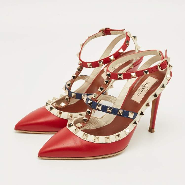 Pre Owned Valentino Red/Beige Patent Leather Rockstud Ankle Strap Pumps Size 37.5