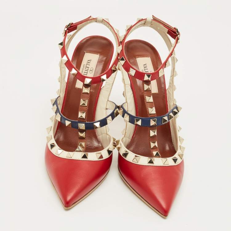 Pre Owned Valentino Red/Beige Patent Leather Rockstud Ankle Strap Pumps Size 37.5