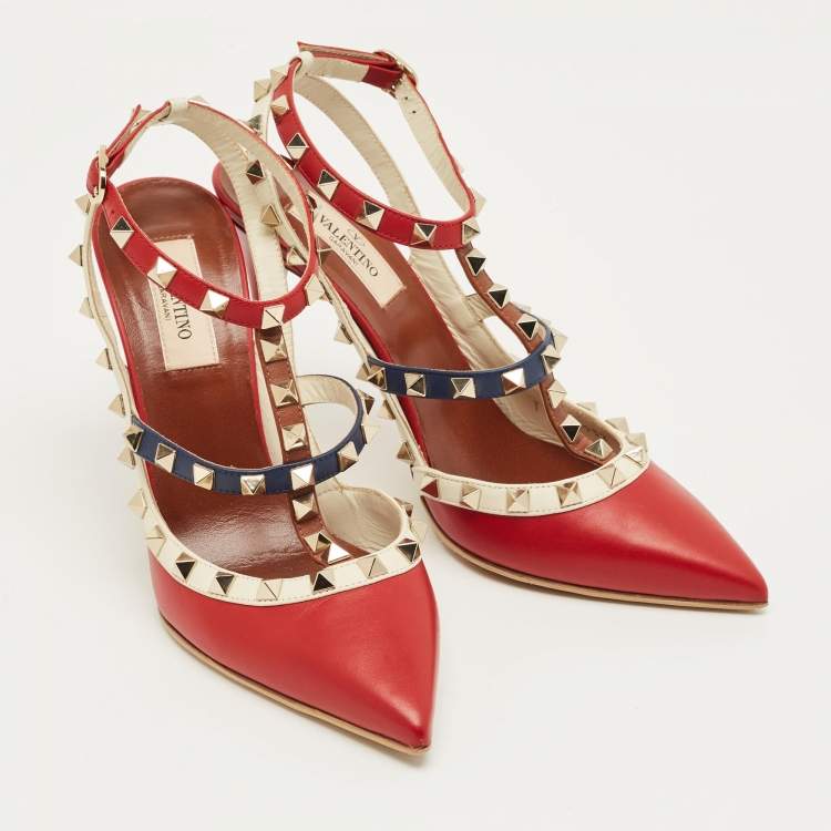 Pre Owned Valentino Red/Beige Patent Leather Rockstud Ankle Strap Pumps Size 37.5
