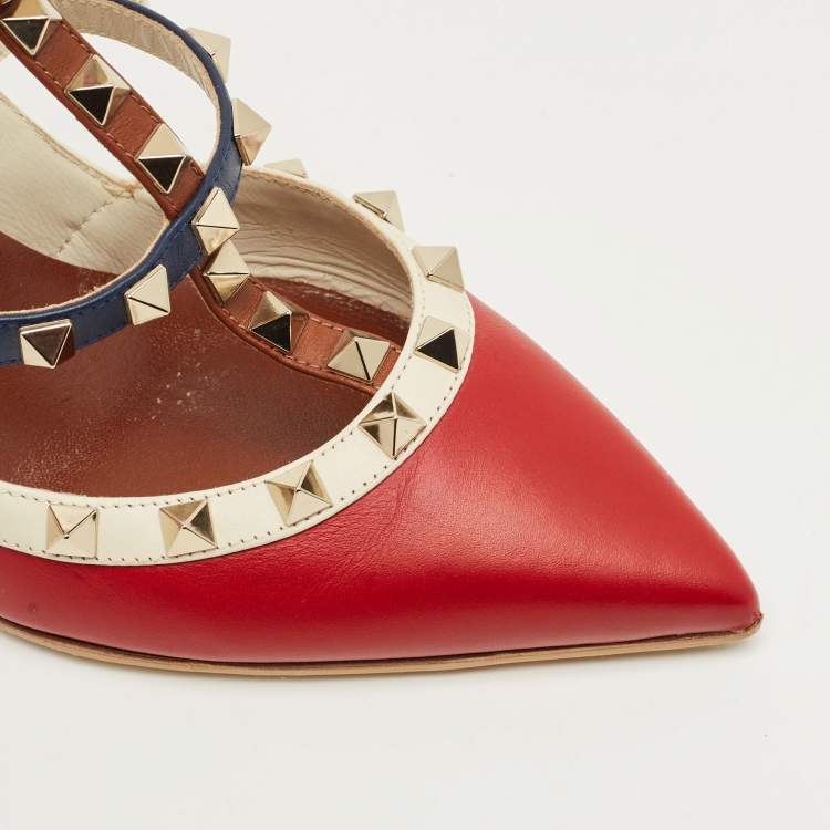 Pre Owned Valentino Red/Beige Patent Leather Rockstud Ankle Strap Pumps Size 37.5