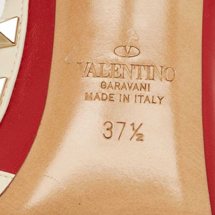 Pre Owned Valentino Red/Beige Patent Leather Rockstud Ankle Strap Pumps Size 37.5