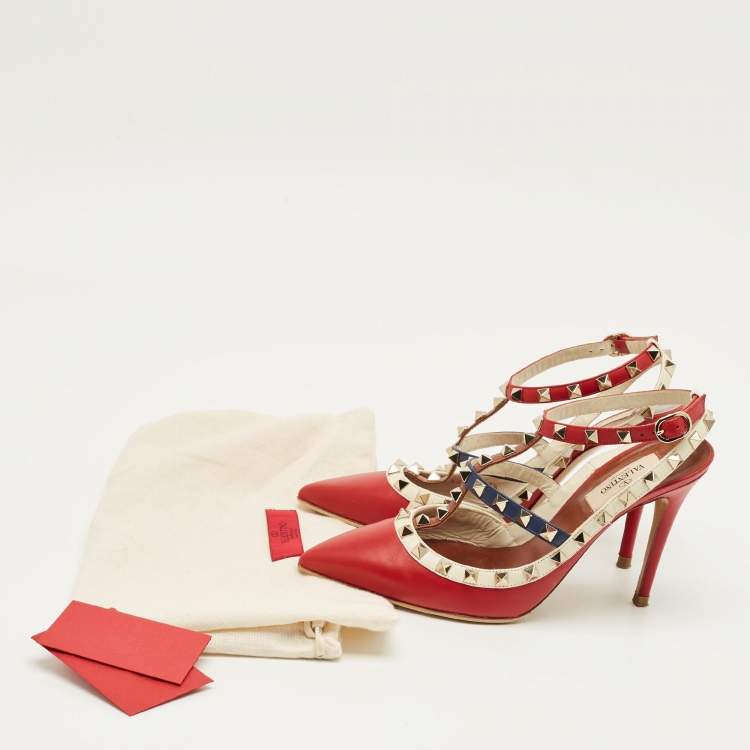 Pre Owned Valentino Red/Beige Patent Leather Rockstud Ankle Strap Pumps Size 37.5