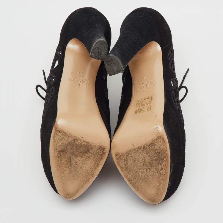 Pre Owned Valentino Black Suede Cut Out Lace Up Platform Booties Size 36