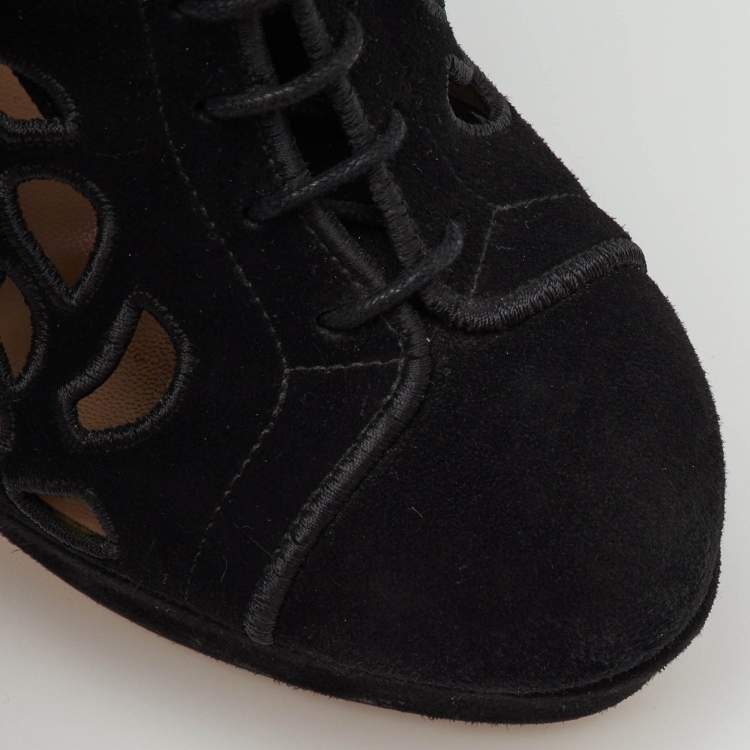 Pre Owned Valentino Black Suede Cut Out Lace Up Platform Booties Size 36