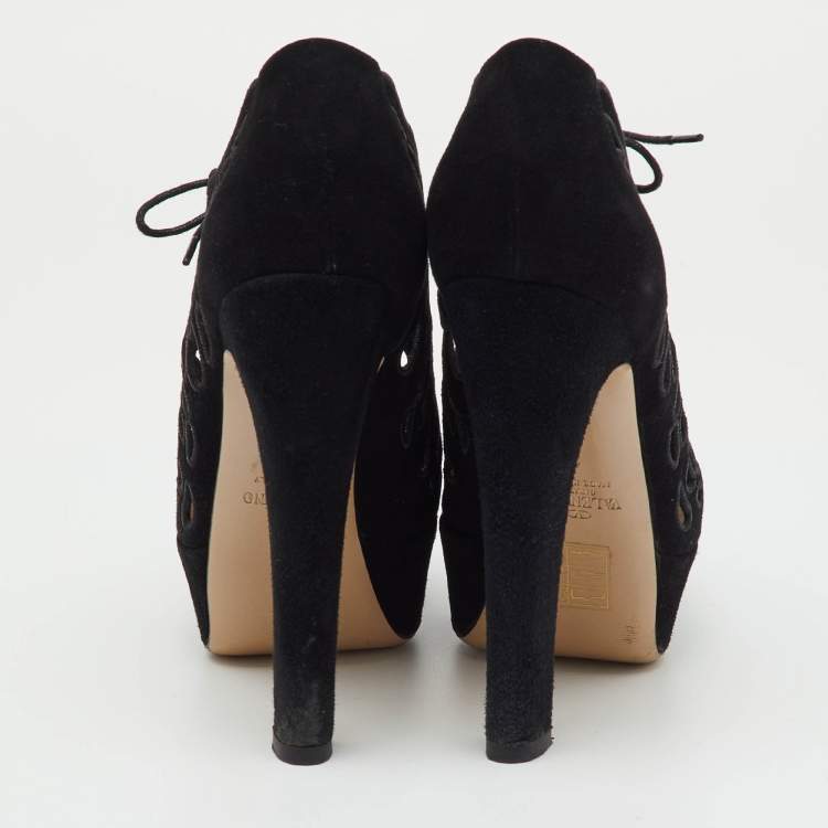 Pre Owned Valentino Black Suede Cut Out Lace Up Platform Booties Size 36