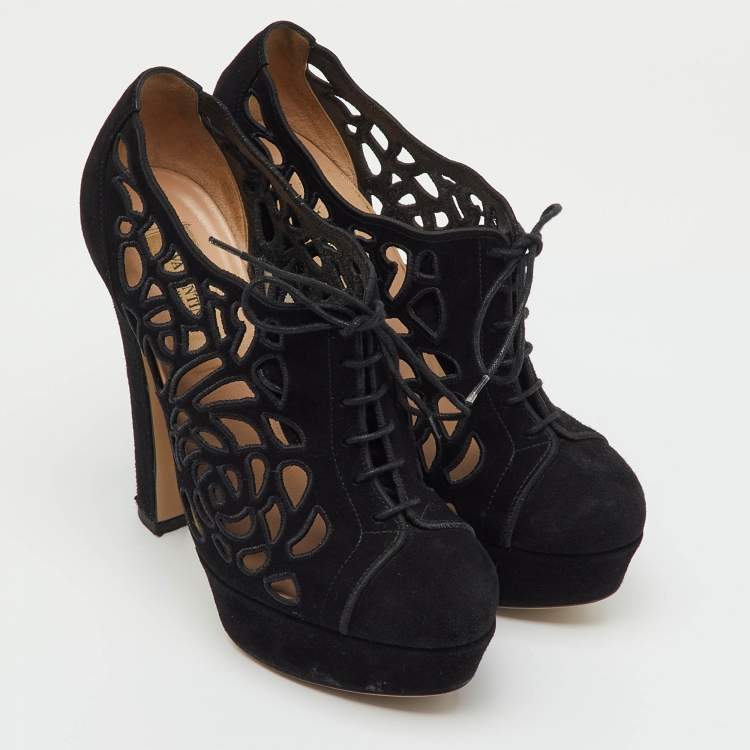 Pre Owned Valentino Black Suede Cut Out Lace Up Platform Booties Size 36