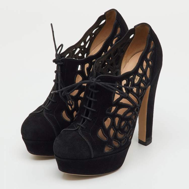 Pre Owned Valentino Black Suede Cut Out Lace Up Platform Booties Size 36