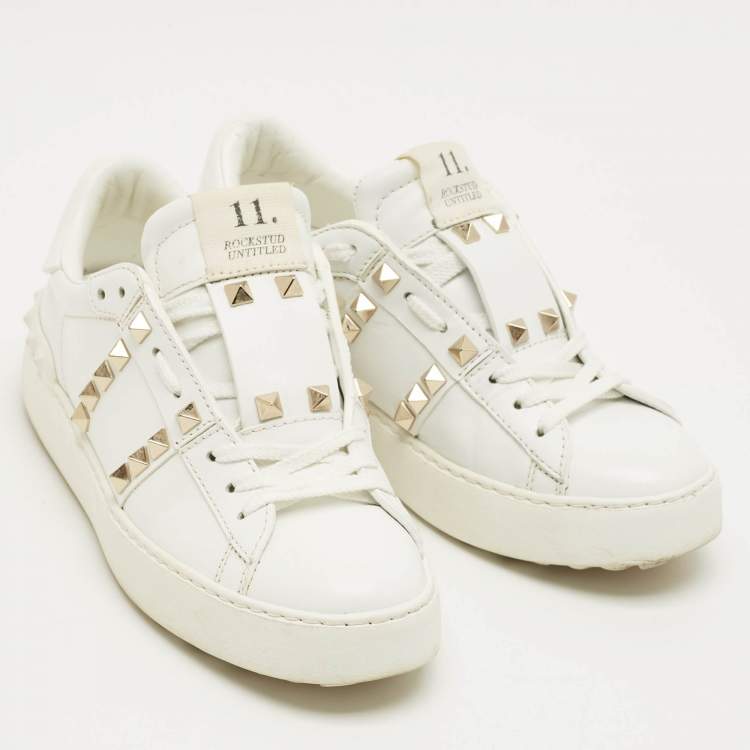 Pre Owned Valentino White Leather Rockstud Untitled Low Top Sneakers Size 34