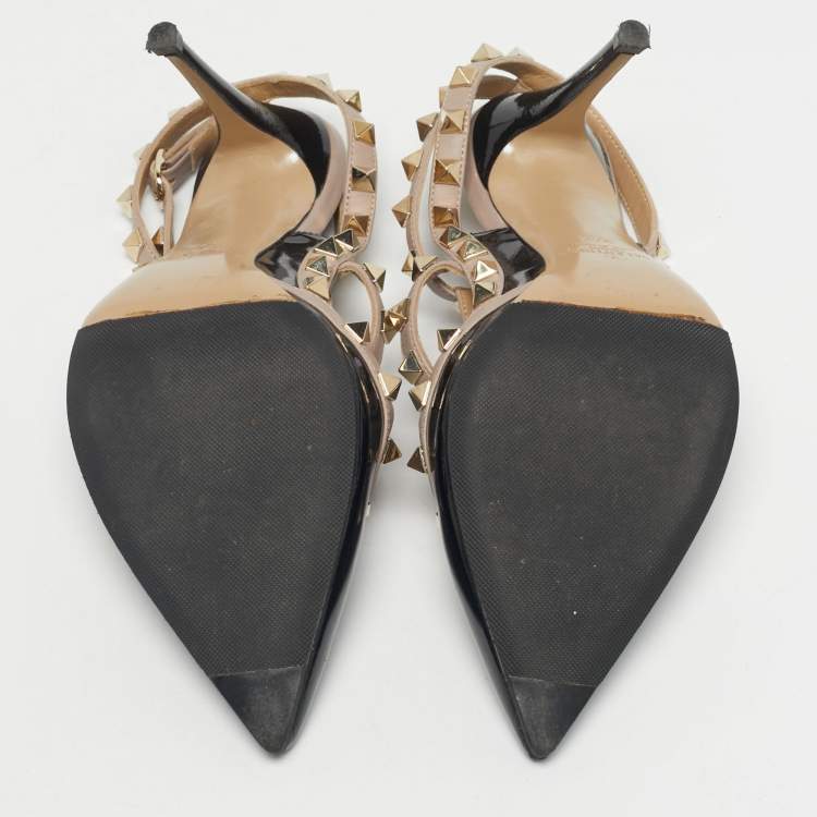 Pre Owned Valentino Black/Beige Leather and Patent Rockstud Ankle Strap Pumps Size 37.5