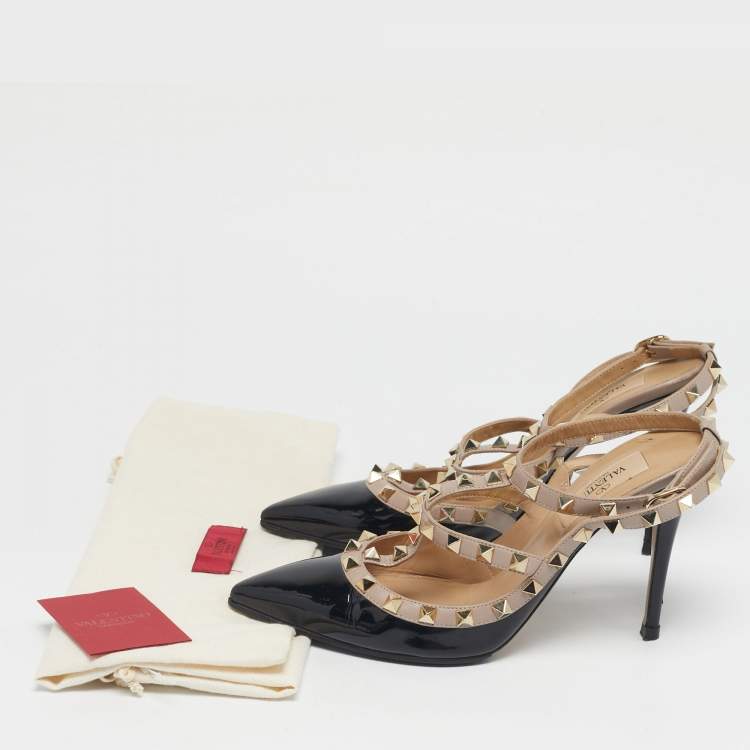 Pre Owned Valentino Black/Beige Leather and Patent Rockstud Ankle Strap Pumps Size 37.5