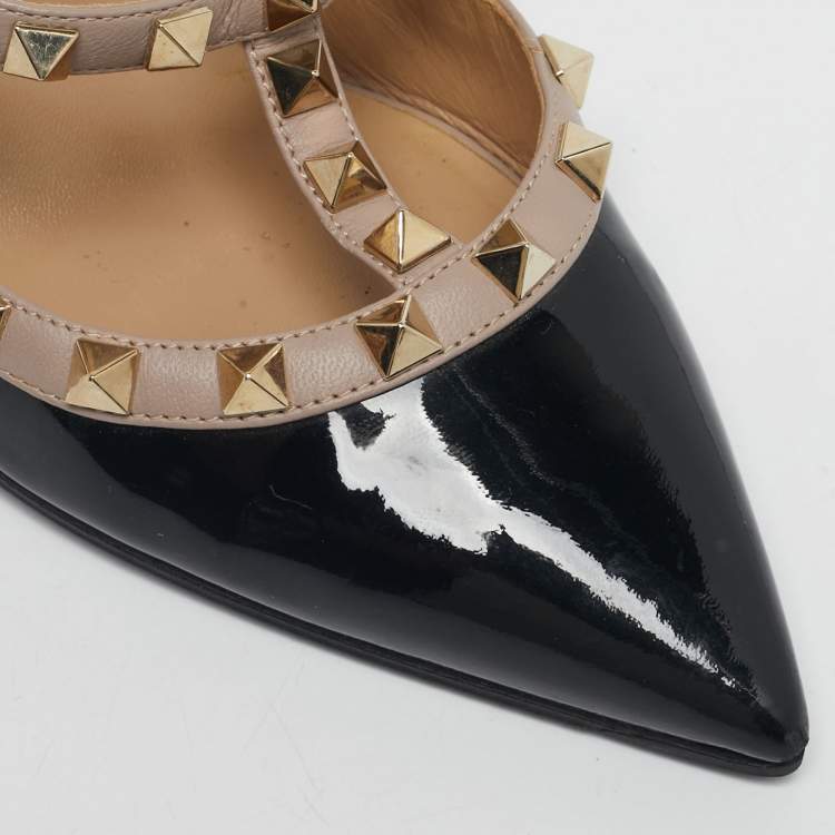 Pre Owned Valentino Black/Beige Leather and Patent Rockstud Ankle Strap Pumps Size 37.5