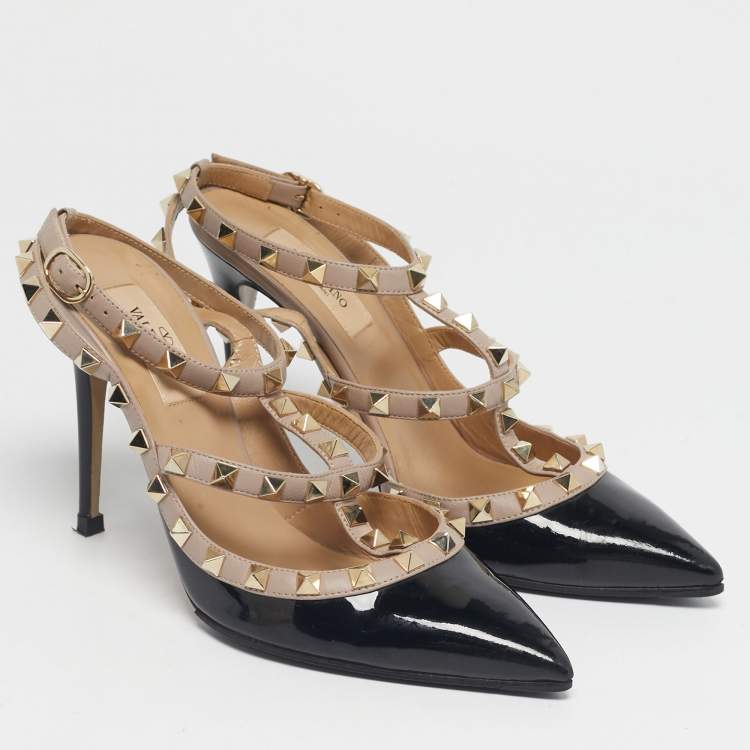 Pre Owned Valentino Black/Beige Leather and Patent Rockstud Ankle Strap Pumps Size 37.5