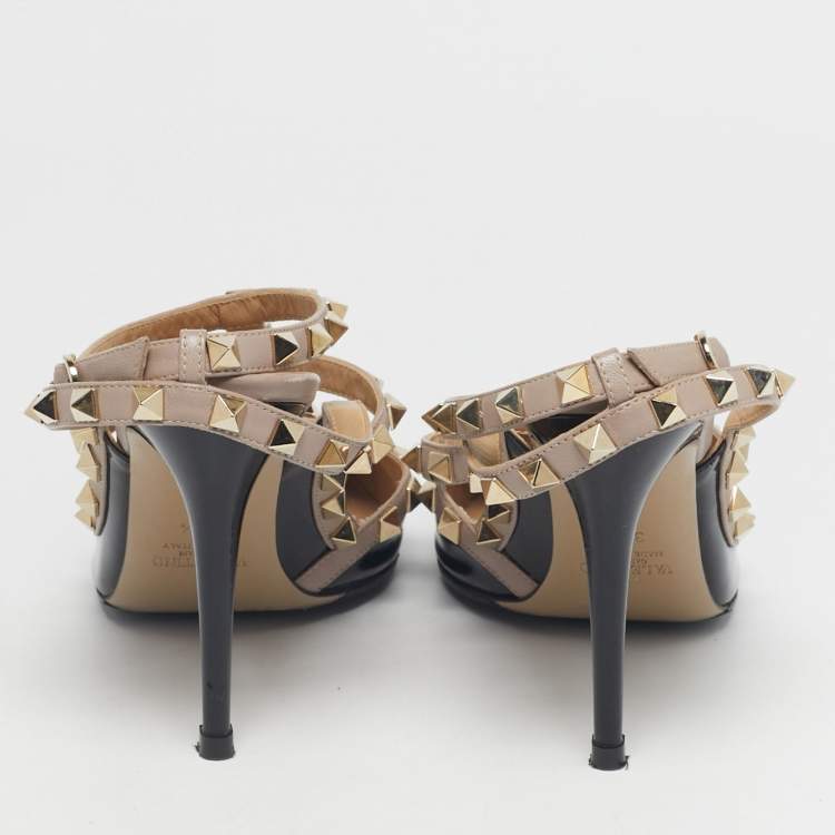 Pre Owned Valentino Black/Beige Leather and Patent Rockstud Ankle Strap Pumps Size 37.5