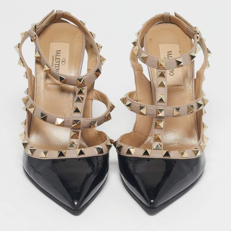 Pre Owned Valentino Black/Beige Leather and Patent Rockstud Ankle Strap Pumps Size 37.5