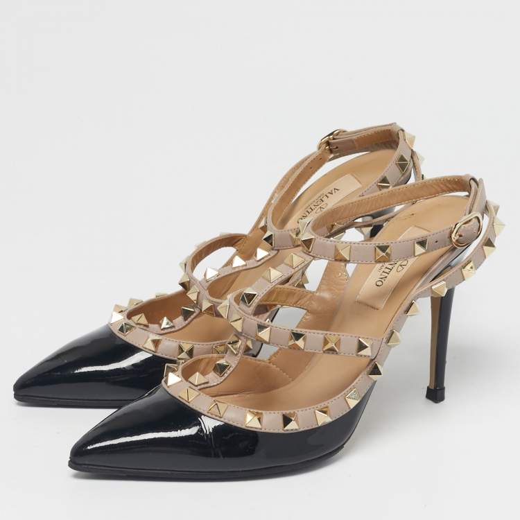 Pre Owned Valentino Black/Beige Leather and Patent Rockstud Ankle Strap Pumps Size 37.5