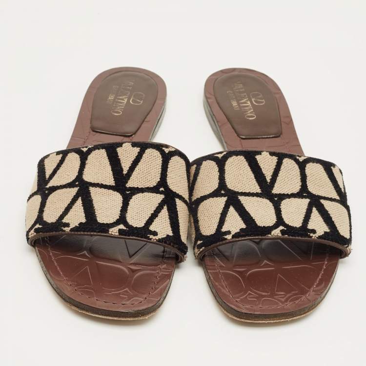 Pre Owned Valentino Beige/Black Iconographe Canvas Flat Slides Size 37.5
