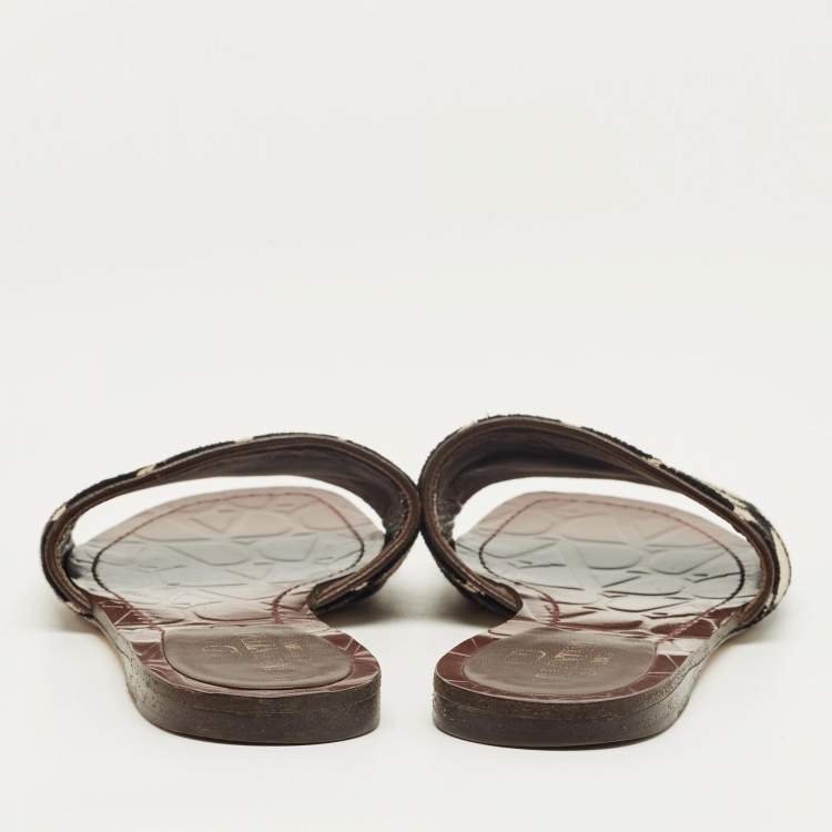 Pre Owned Valentino Beige/Black Iconographe Canvas Flat Slides Size 37.5