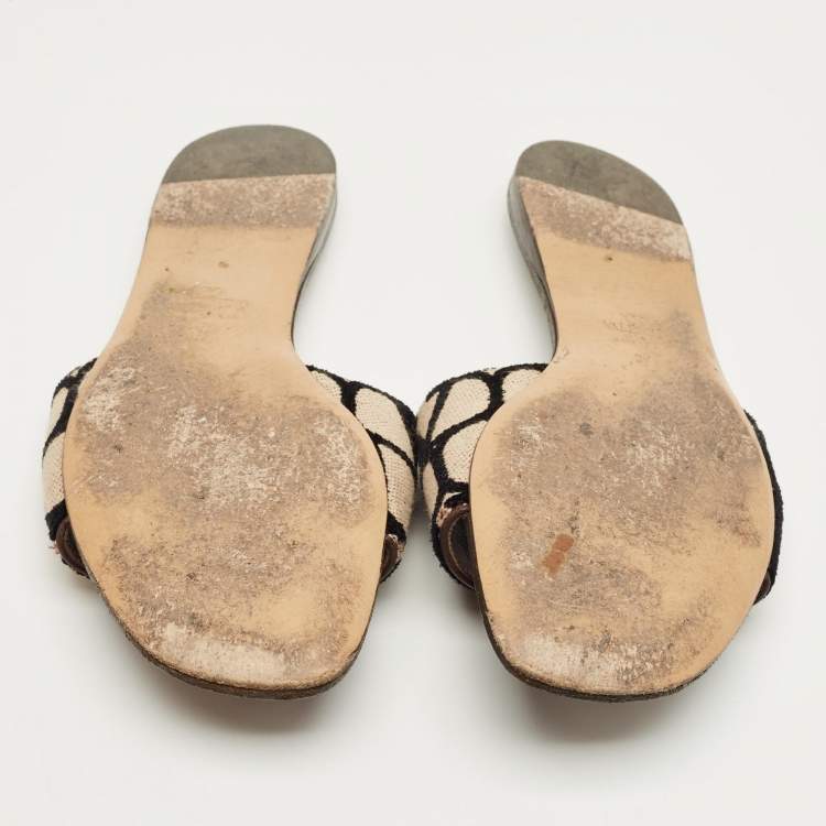 Pre Owned Valentino Beige/Black Iconographe Canvas Flat Slides Size 37.5