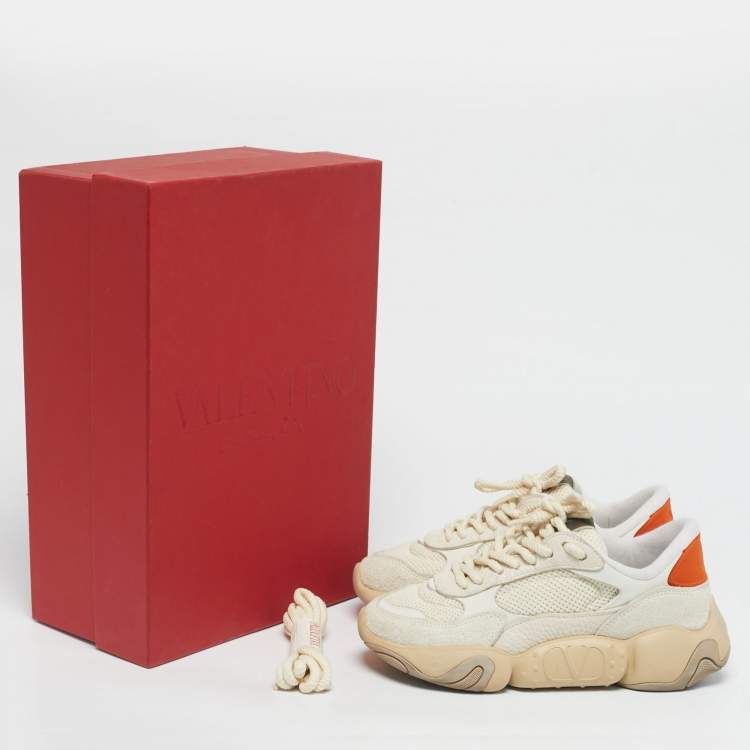 Pre Owned Valentino White/Grey Fabric and Suede Bubbleback Lace Up Sneakers Size 35