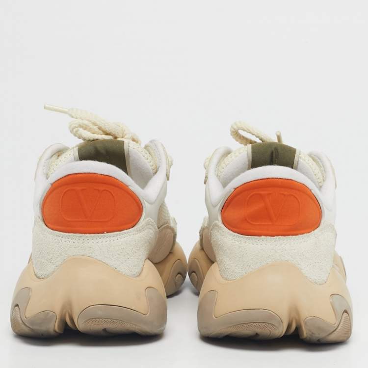 Pre Owned Valentino White/Grey Fabric and Suede Bubbleback Lace Up Sneakers Size 35