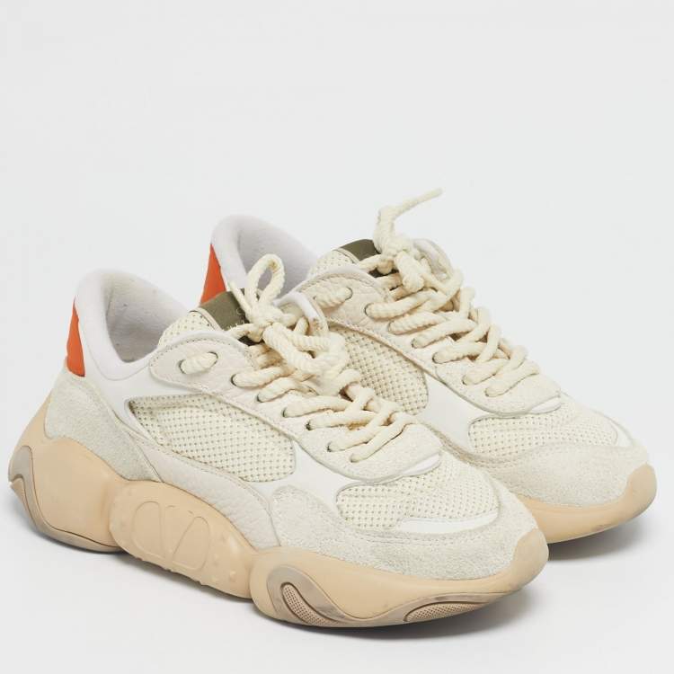 Pre Owned Valentino White/Grey Fabric and Suede Bubbleback Lace Up Sneakers Size 35