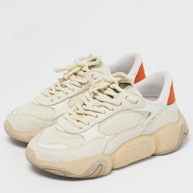 Pre Owned Valentino White/Grey Fabric and Suede Bubbleback Lace Up Sneakers Size 35