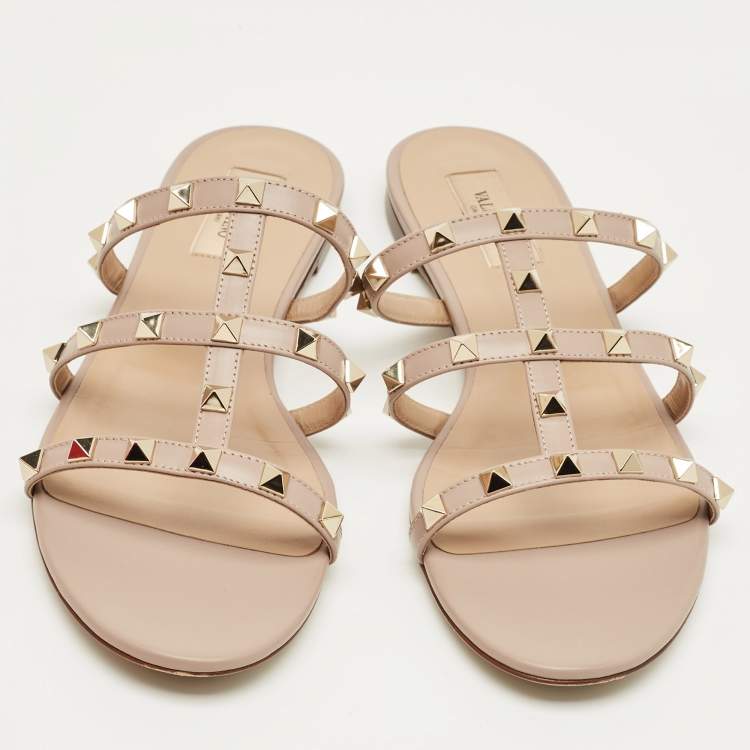 Pre Owned Valentino Dusty Pink Leather Rockstud Flat Slides Size 40
