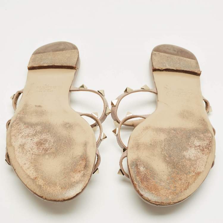 Pre Owned Valentino Beige Leather Rockstud Flat Slide Sandals Size 39