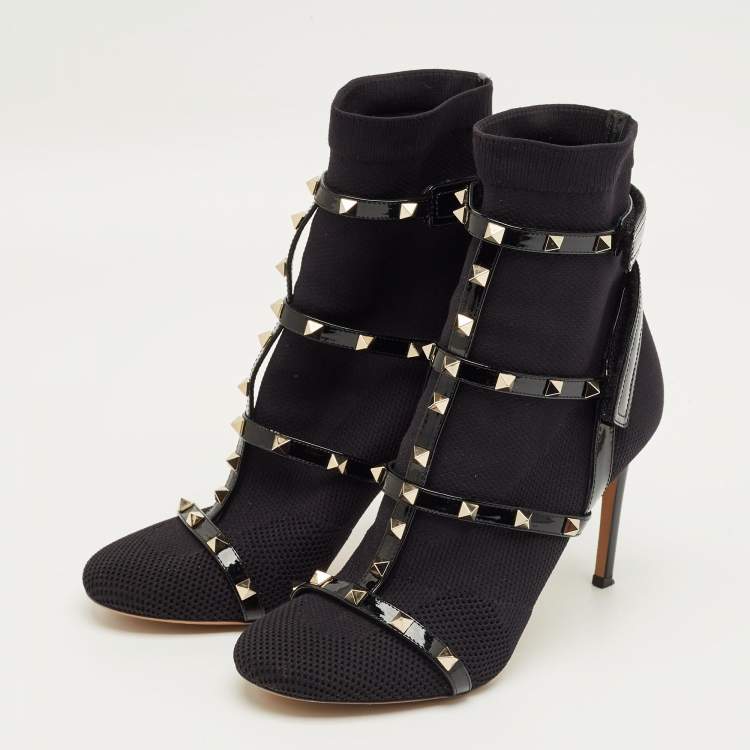 Pre Owned Valentino Black Knit Fabric and Leather Rockstud Ankle Length Boots Size 40