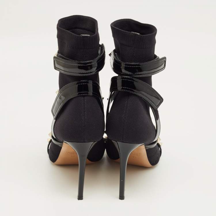 Pre Owned Valentino Black Knit Fabric and Leather Rockstud Ankle Length Boots Size 40