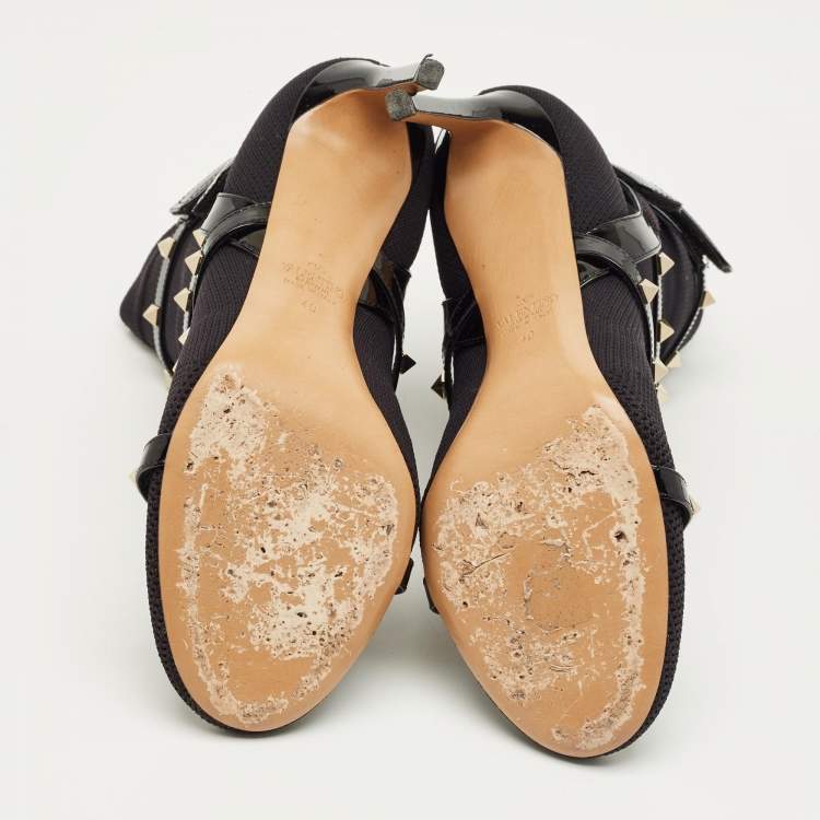 Pre Owned Valentino Black Knit Fabric and Leather Rockstud Ankle Length Boots Size 40