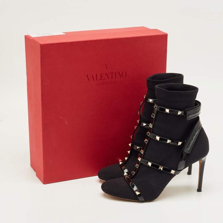 Pre Owned Valentino Black Knit Fabric and Leather Rockstud Ankle Length Boots Size 40