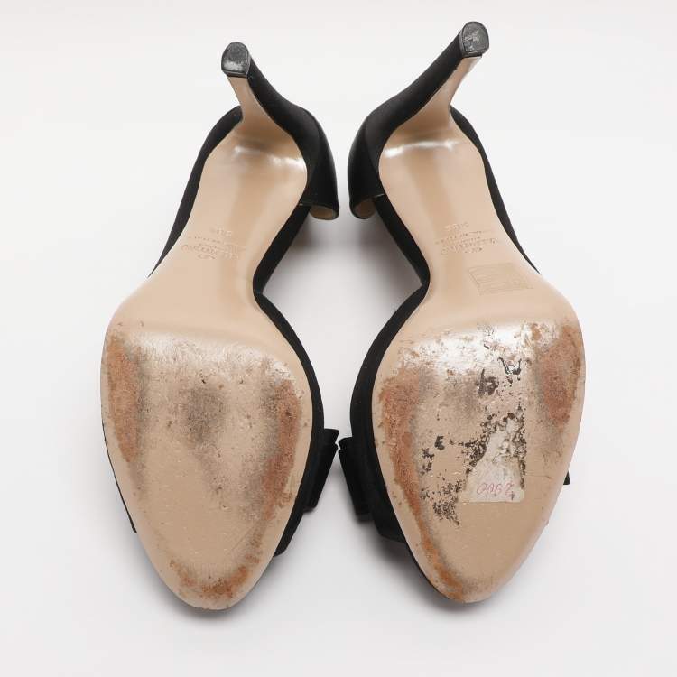 Pre Owned Valentino Black Satin Bow Peep Toe D'orsay Pumps Size 38.5