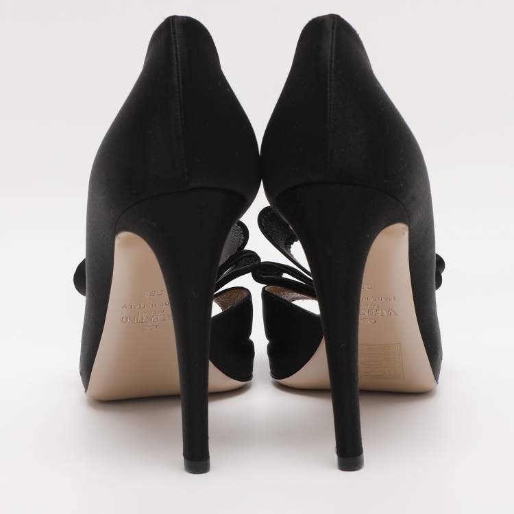Pre Owned Valentino Black Satin Bow Peep Toe D'orsay Pumps Size 38.5