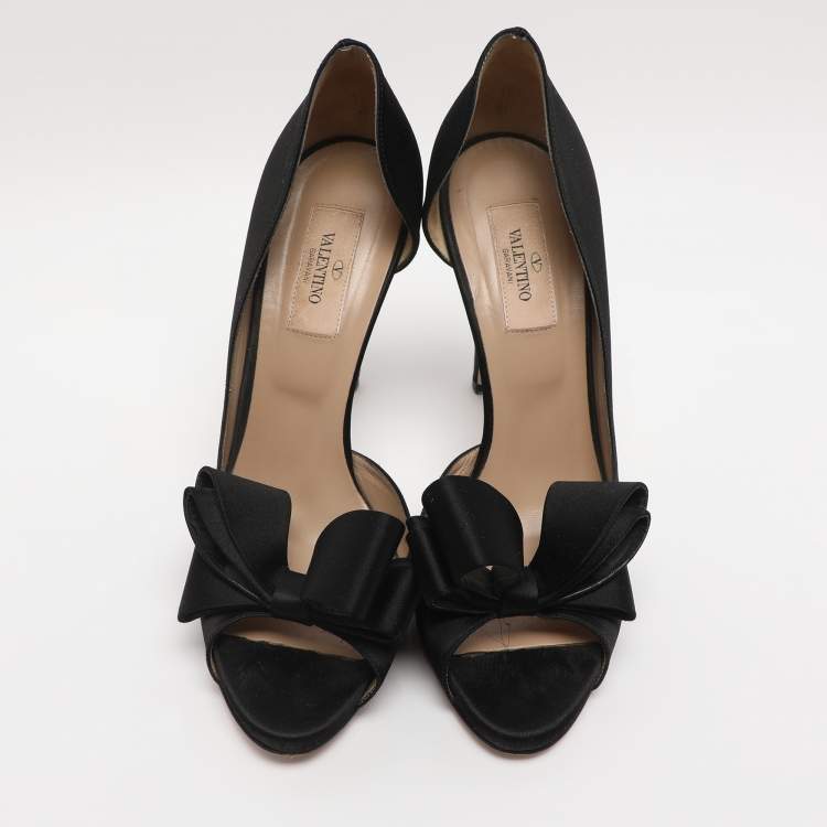 Pre Owned Valentino Black Satin Bow Peep Toe D'orsay Pumps Size 38.5