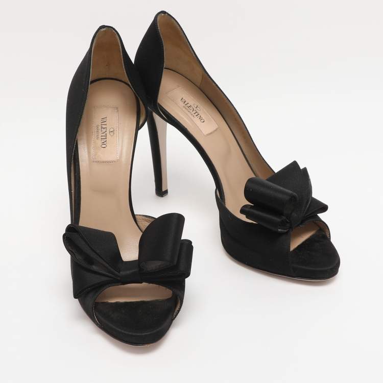 Pre Owned Valentino Black Satin Bow Peep Toe D'orsay Pumps Size 38.5