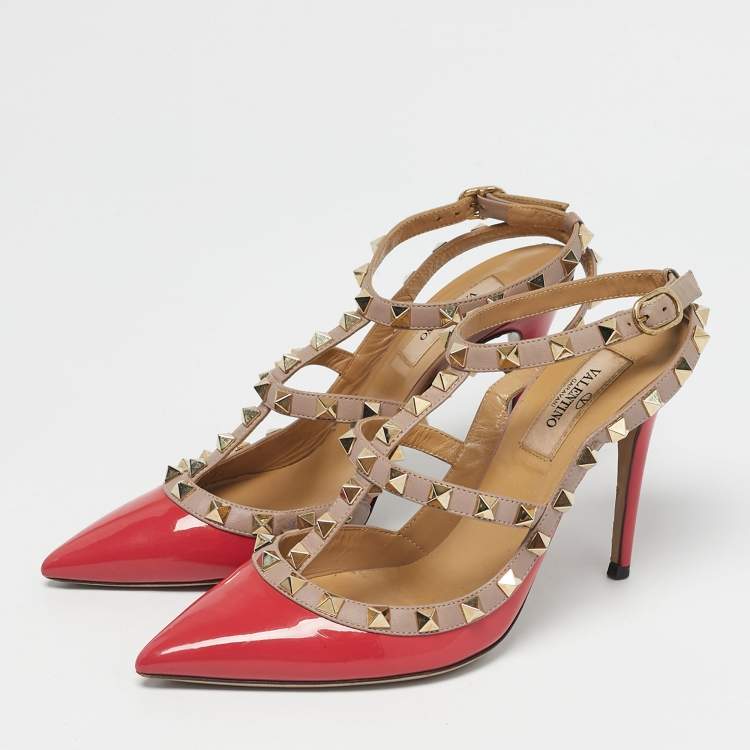 مملوكة مسبقًا Valentino Pink/Beige Patent Leather Rockstud Caged Ankle Strap Pumps Size 37