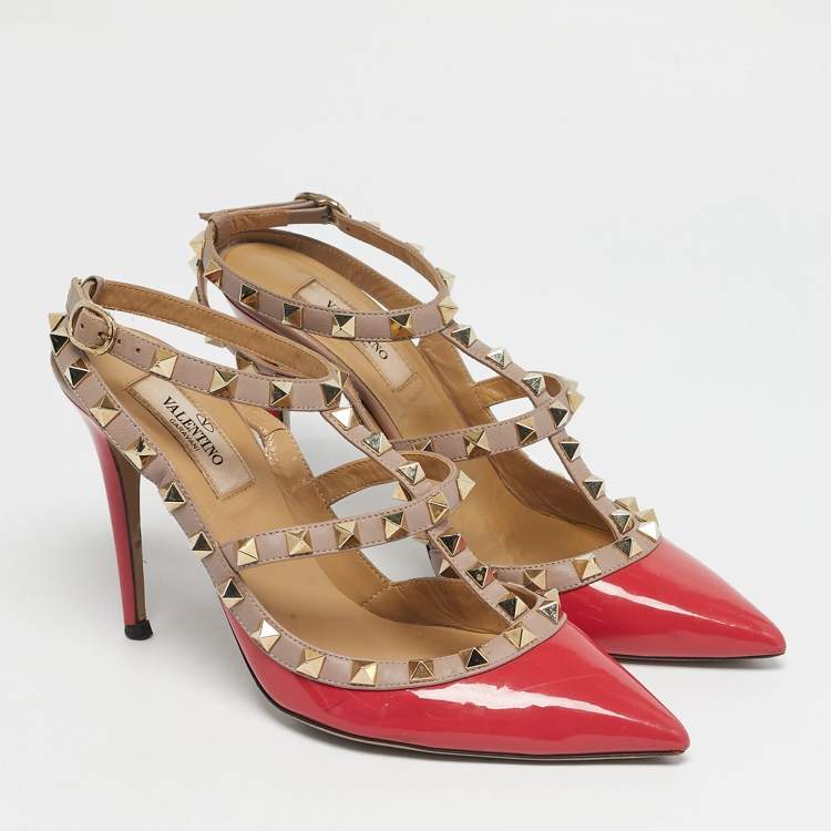 مملوكة مسبقًا Valentino Pink/Beige Patent Leather Rockstud Caged Ankle Strap Pumps Size 37