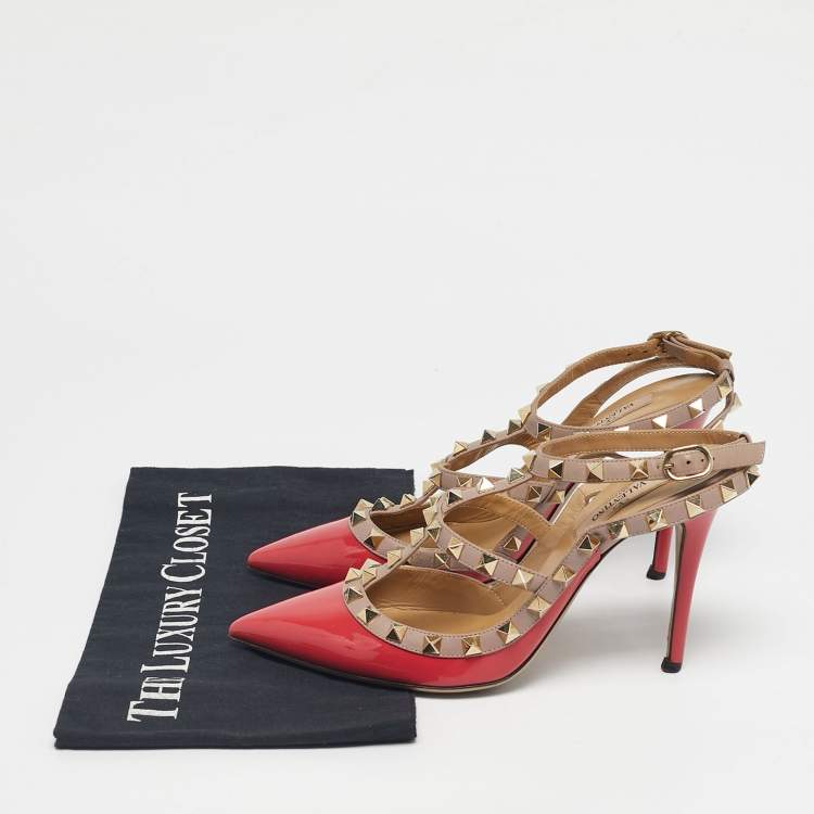 مملوكة مسبقًا Valentino Pink/Beige Patent Leather Rockstud Caged Ankle Strap Pumps Size 37