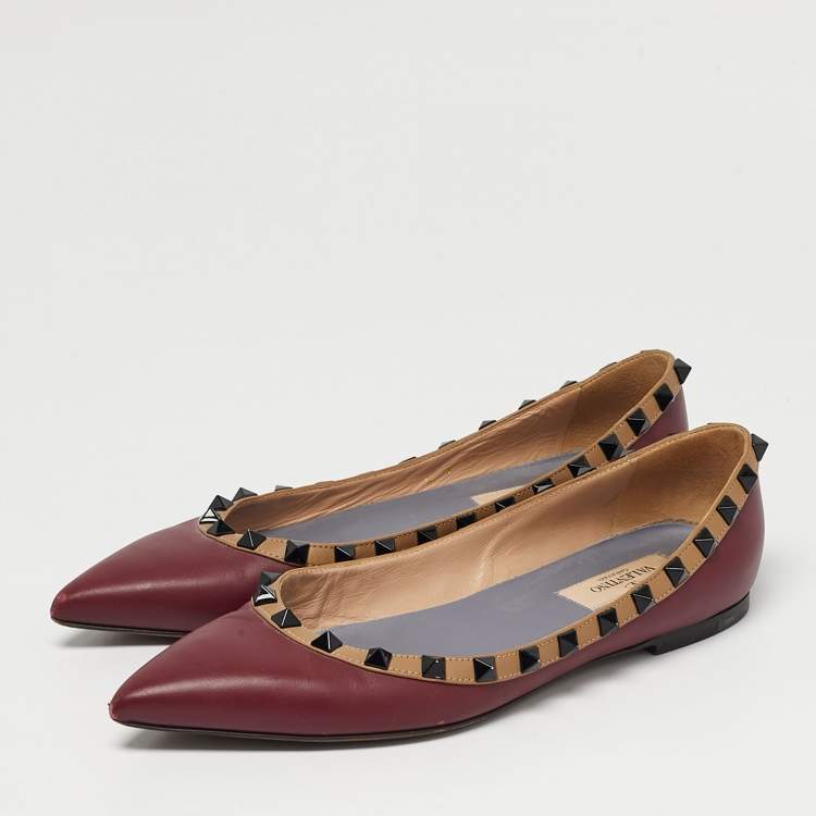 Pre Owned Valentino Burgundy Leather Rockstud Ballet Flats Size 36