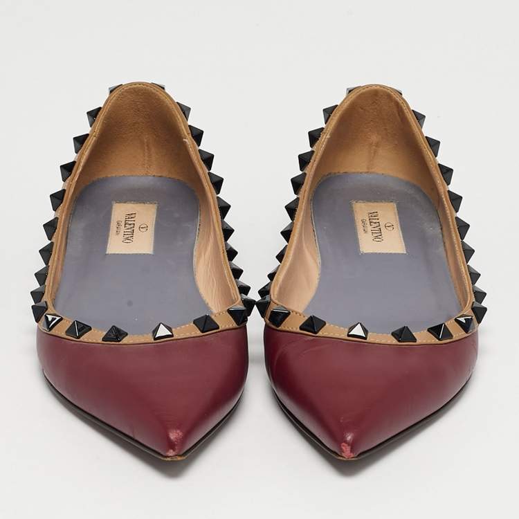 Pre Owned Valentino Burgundy Leather Rockstud Ballet Flats Size 36