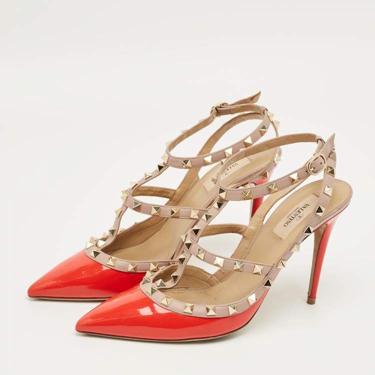 Pre Owned Valentino Beige/Red Leather and Patent Rockstud Ankle Strap Pumps Size 41