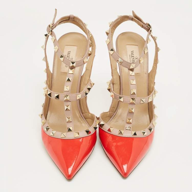 Pre Owned Valentino Beige/Red Leather and Patent Rockstud Ankle Strap Pumps Size 41