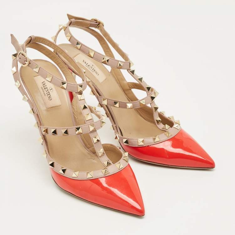 Pre Owned Valentino Beige/Red Leather and Patent Rockstud Ankle Strap Pumps Size 41