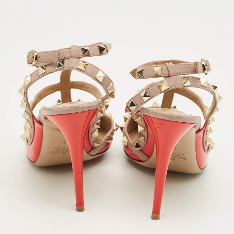 Pre Owned Valentino Beige/Red Leather and Patent Rockstud Ankle Strap Pumps Size 41