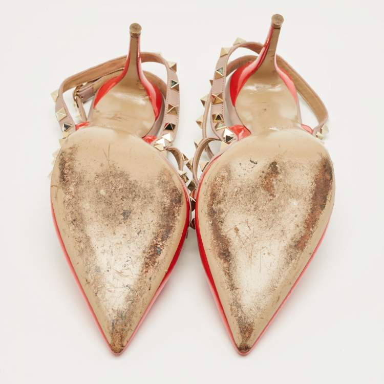 Pre Owned Valentino Beige/Red Leather and Patent Rockstud Ankle Strap Pumps Size 41