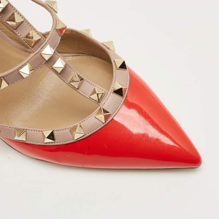 Pre Owned Valentino Beige/Red Leather and Patent Rockstud Ankle Strap Pumps Size 41